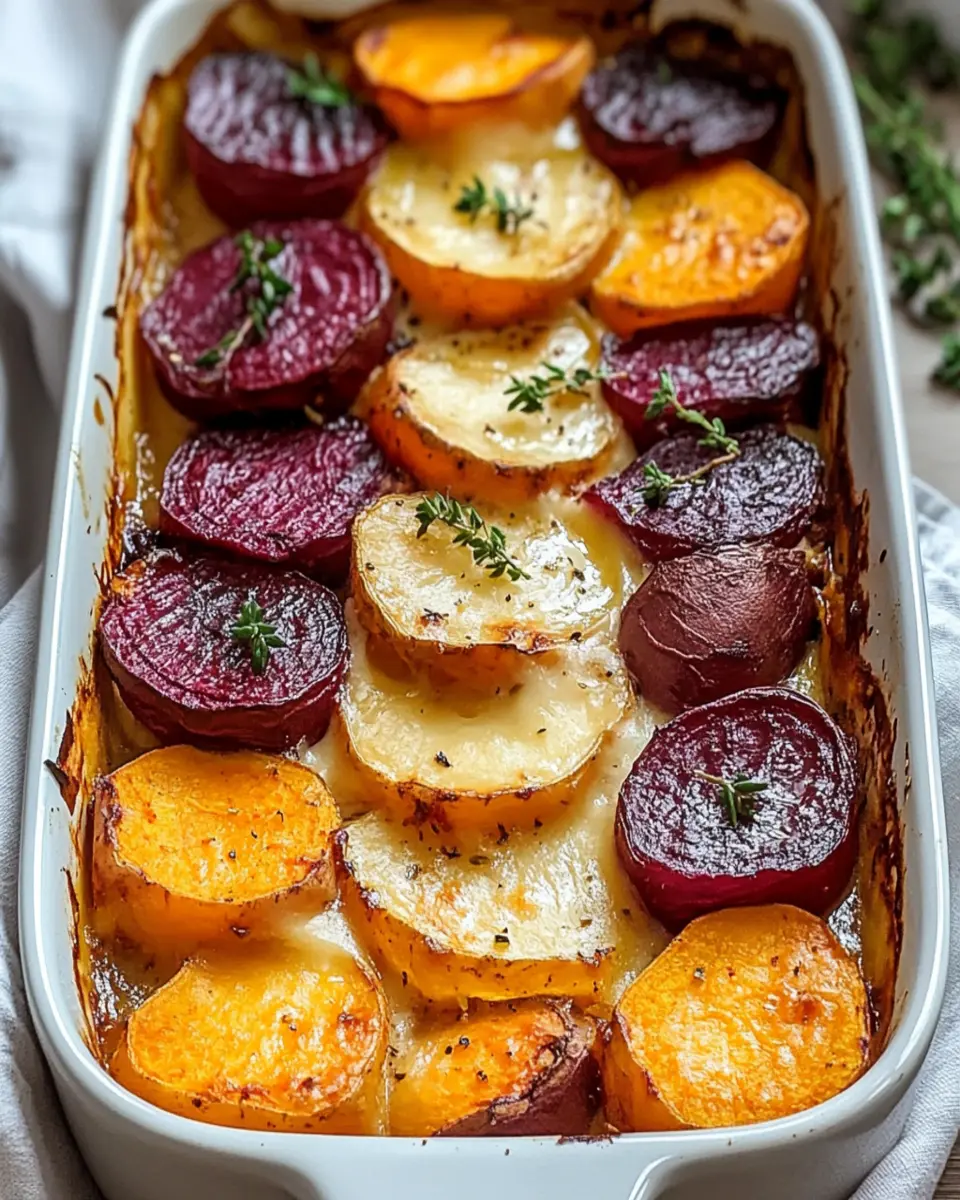 Root Vegetable Gratin with Sweet Potatoes, Parsnips, and Beets First Image First Image